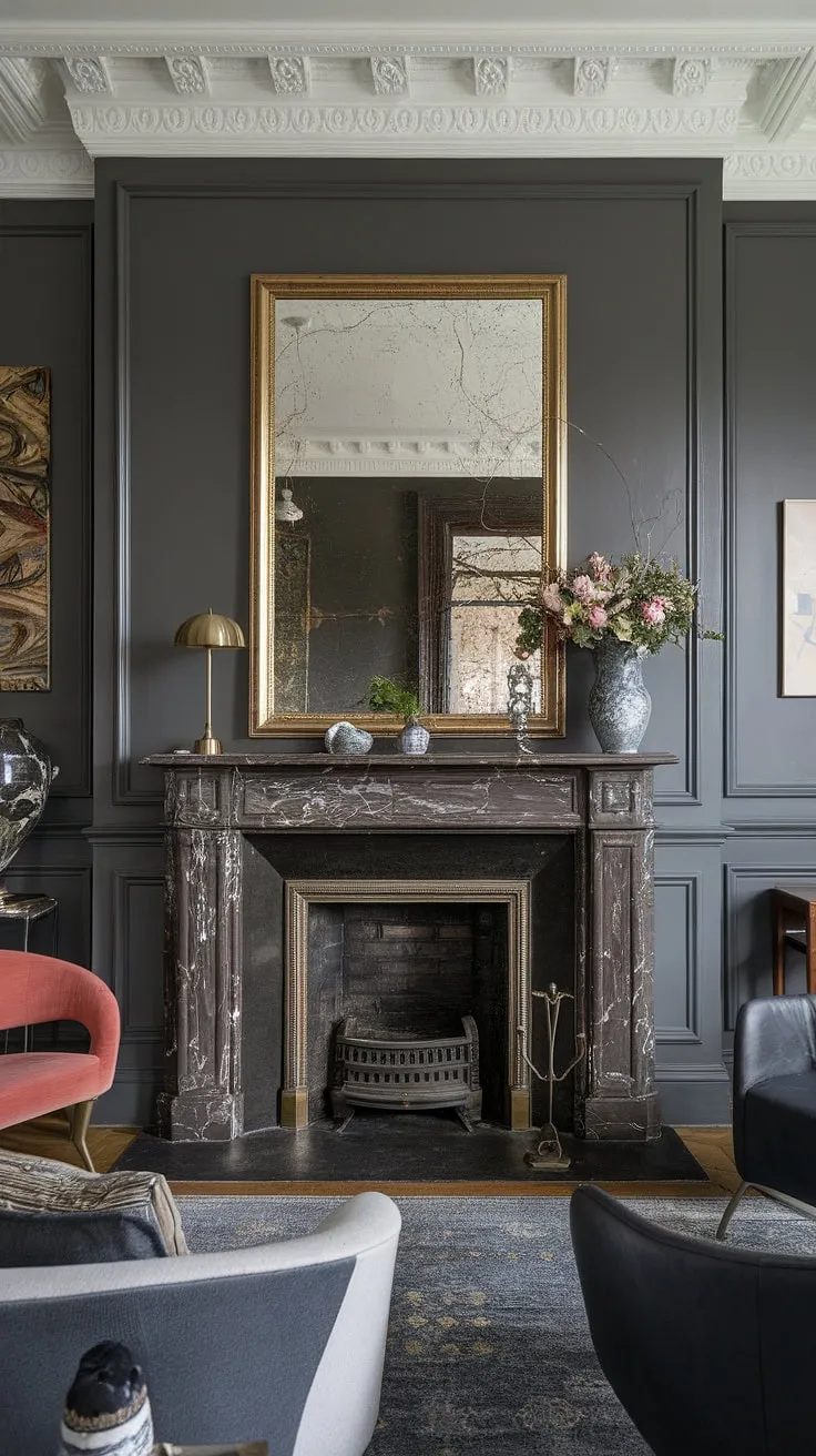 This traditional living room finds its focal point in an elegant fireplace, its dark grey marble a striking contrast against the warm wood paneling.  The brass accents, from the fireplace frame to the lamp, add a touch of modern glamour, showcasing creative fireplace panelling ideas and transitional fireplace ideas. The millwork above the fireplace and the ornate mirror complete the sophisticated look, offering inspiration for decorative fireplace wall ideas.