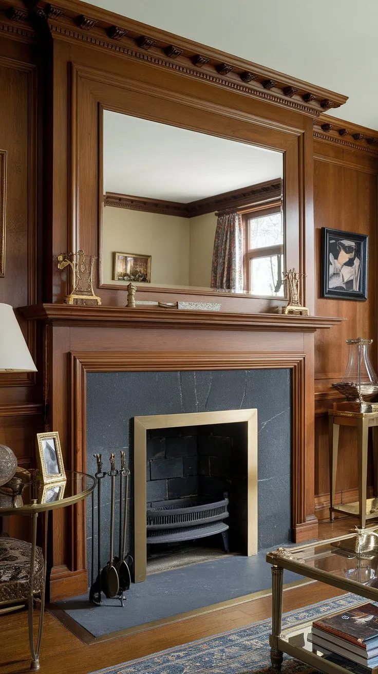 This traditional living room finds its focal point in a striking, contrasting fireplace wall.  The dark gray stone of the elegant fireplace, framed in brass, beautifully complements the warm wood paneling and intricate millwork above the fireplace.  A fireplace mirror adds both light and dimension, showcasing the sophisticated decorative fireplace wall ideas and fireplace panelling ideas.  Brass accents throughout the living room with brass accents, from the lamp to the table, complete the transitional fireplace ideas and create a refined atmosphere.