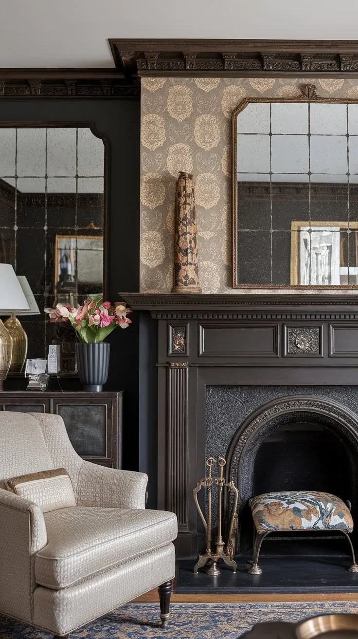 This impeccably designed living room boasts a modern fireplace as its centerpiece. The shiplap fireplace wall, complete with built-in shelves, offers both style and functionality.  The fireplace seating arrangement is perfectly positioned in front of the flush wall fireplace, complemented by a seamlessly integrated TV and fireplace build-out.  The faux fireplace mantels add a touch of sophistication to this warm and inviting space.