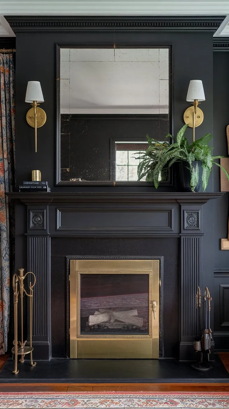 This traditional living room exudes elegance, anchored by a dark living room fireplace with a gleaming brass door.  The contrasting fireplace wall, adorned with intricate millwork above the fireplace and a coordinating fireplace mirror, showcases stunning decorative fireplace wall ideas and fireplace panelling ideas.  Brass accents throughout, from the lamp to the plant stand, perfectly complement the transitional fireplace ideas and create a living room with brass accents that's both sophisticated and inviting.