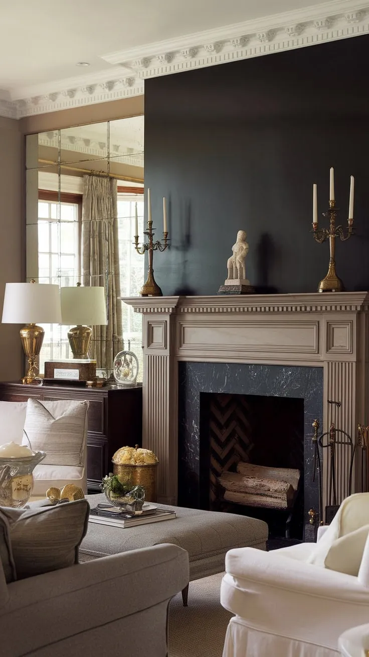 The rich, dark living room fireplace is the undeniable star of this elegant space.  This contrasting fireplace wall, complete with decorative fireplace wall ideas and thoughtful millwork above the fireplace, anchors the room's traditional style.  A fireplace mirror adds depth, while brass accents in the living room with brass accents create a touch of luxurious warmth against the gray sofa and white chairs.  The result is a sophisticated blend of traditional and transitional fireplace ideas.