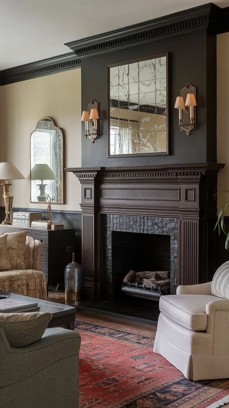 This stunning living room showcases a sophisticated blend of modern design and rustic charm. The shiplap fireplace wall is the perfect backdrop for the flush wall fireplace, a true focal point.  The fireplace with TV above is a space-saving marvel, complemented by the built-in shelves and comfortable fireplace seating.  This fireplace wall is a testament to thoughtful design, showcasing a seamless integration of the TV and fireplace build-out, eliminating the need for faux fireplace mantels.