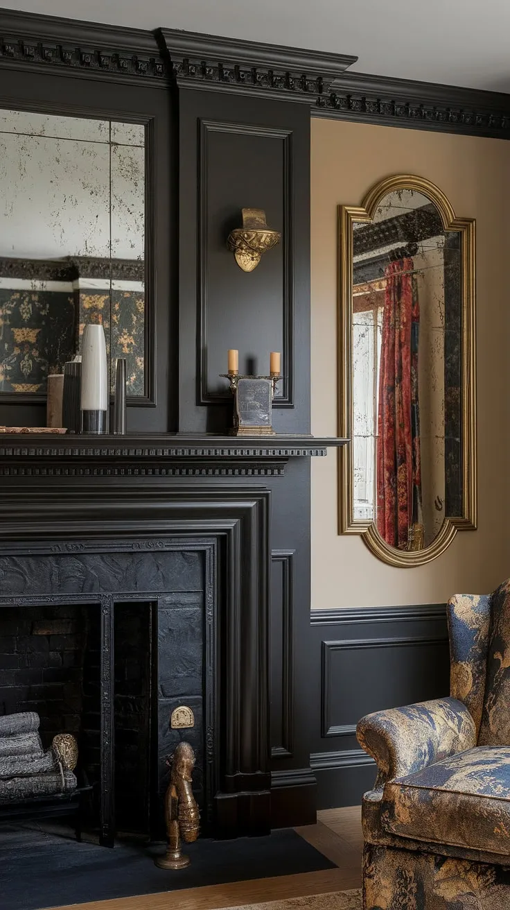 This traditional living room boasts an elegant fireplace, the focal point of a stunning design.  The dark living room fireplace is beautifully framed by intricate millwork above fireplace, complemented by a fireplace mirror and brass accents throughout.  These decorative fireplace wall ideas, showcasing fireplace panelling ideas and a contrasting fireplace wall, create a sophisticated transitional fireplace ideas aesthetic.