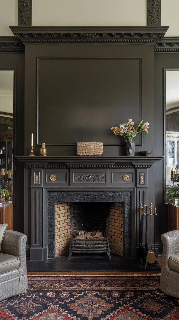 A living room with brass accents finds its focal point in an elegant fireplace.  The dark fireplace, framed by a contrasting fireplace wall and intricate millwork above, is a masterclass in fireplace panelling ideas.  The addition of a fireplace mirror adds depth and light, creating a truly captivating space that seamlessly blends traditional living room aesthetics with modern transitional fireplace ideas.