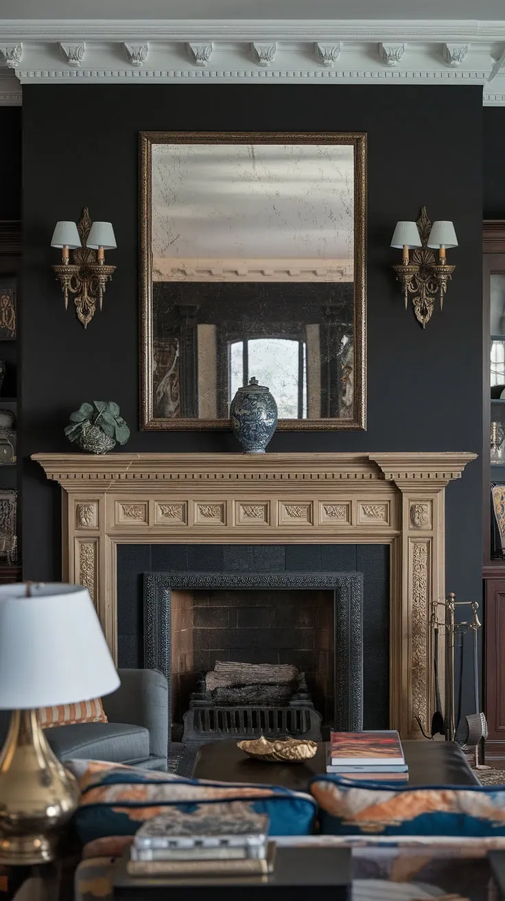 This traditional living room finds its focal point in an elegant fireplace, a stunning example of contrasting fireplace wall design.  The dark living room fireplace, framed by intricate millwork above the fireplace and decorative fireplace wall ideas, is further enhanced by a fireplace mirror and brass accents throughout the space, creating a sophisticated transitional fireplace design.