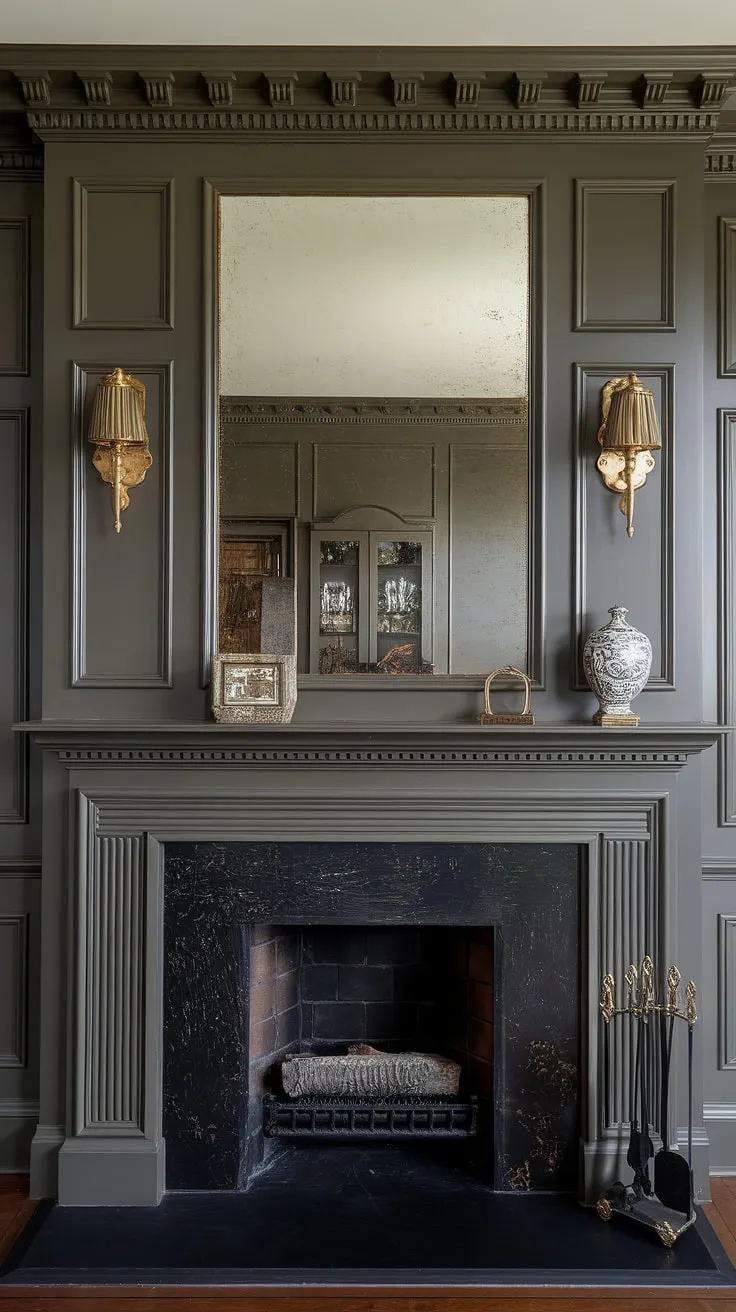 This traditional living room finds its focal point in a dramatic, dark living room fireplace, showcasing elegant fireplace panelling ideas and a stunning millwork above fireplace.  The contrasting fireplace wall, accented with a fireplace mirror and brass details, creates a sophisticated transitional fireplace design.  Living room with brass accents completes the look.