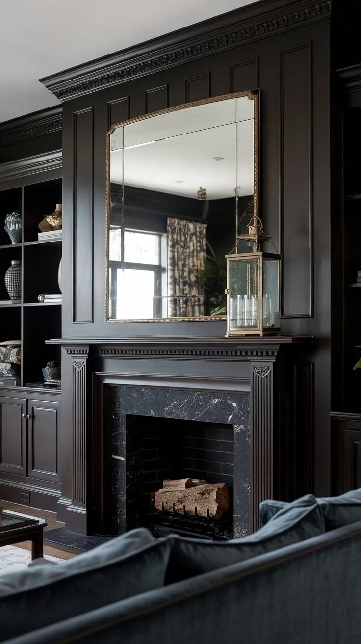 An elegant fireplace commands attention in this traditional living room, its dark, paneled wall a striking contrast to the brass accents.  The millwork above the fireplace and the large mirror add sophisticated touches, showcasing exceptional decorative fireplace wall ideas and fireplace panelling ideas. This transitional fireplace design perfectly blends modern and traditional elements.