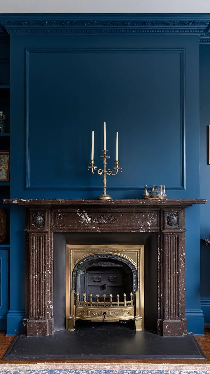 This traditional living room's elegant fireplace, with its dark surround and brass insert, is a stunning focal point.  The contrasting fireplace wall, a deep blue, is beautifully complemented by the millwork above the fireplace and the brass accents throughout the room, creating a sophisticated living room with brass accents and showcasing exceptional fireplace panelling ideas.  A transitional fireplace design, this space offers inspiration for decorative fireplace wall ideas, even incorporating a fireplace mirror would enhance the grandeur.