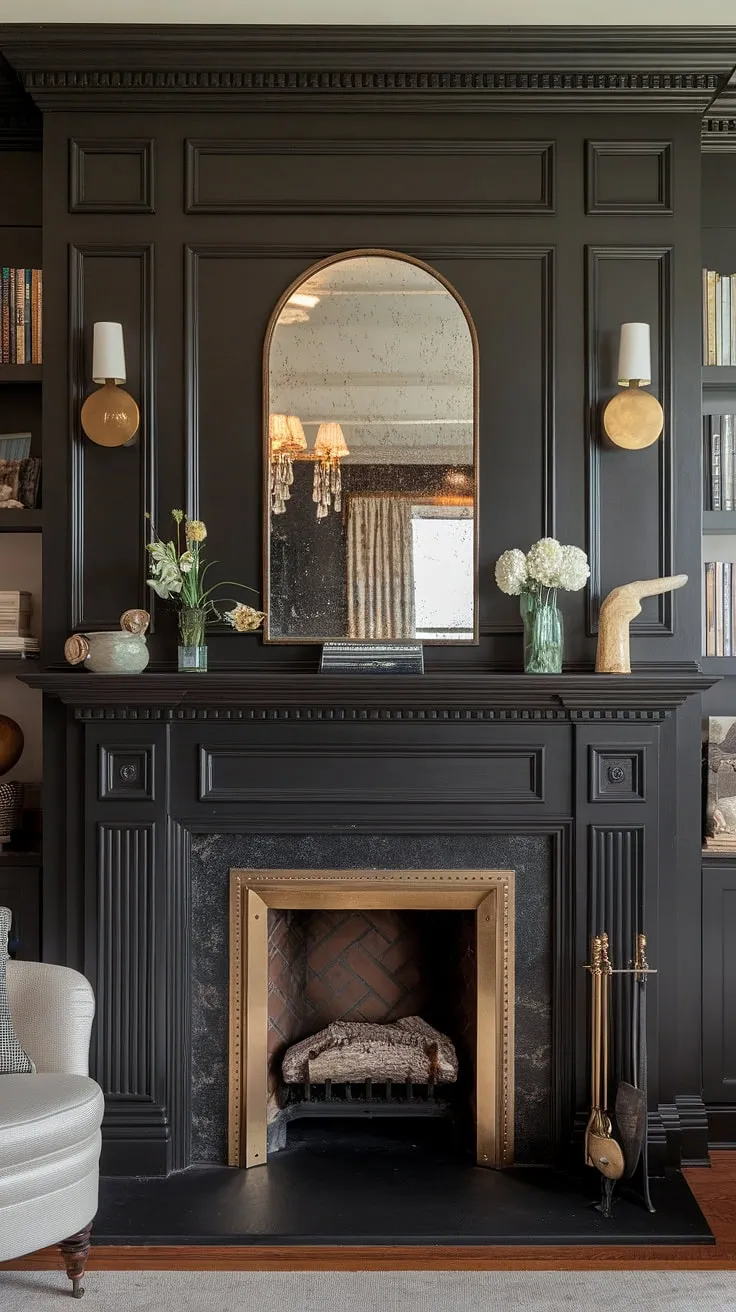 This traditional living room exudes warmth and elegance, anchored by a striking dark living room fireplace.  The contrasting fireplace wall, featuring intricate millwork above the fireplace and a central fireplace mirror, showcases stunning decorative fireplace wall ideas and fireplace panelling ideas.  Brass accents surrounding the elegant fireplace add a touch of modern sophistication to this transitional fireplace design, creating a living room with brass accents that's both inviting and refined.