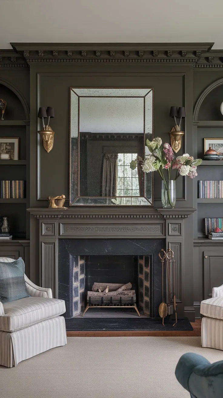 This traditional living room finds a captivating balance between classic and contemporary.  The elegant fireplace, framed by rich millwork and a striking contrasting fireplace wall, anchors the space.  The decorative fireplace wall ideas, featuring a fireplace mirror above, add a touch of glamour, while the living room with brass accents and transitional fireplace ideas create a sophisticated ambiance.  Fireplace panelling ideas are beautifully executed, showcasing the dark living room fireplace as a focal point.