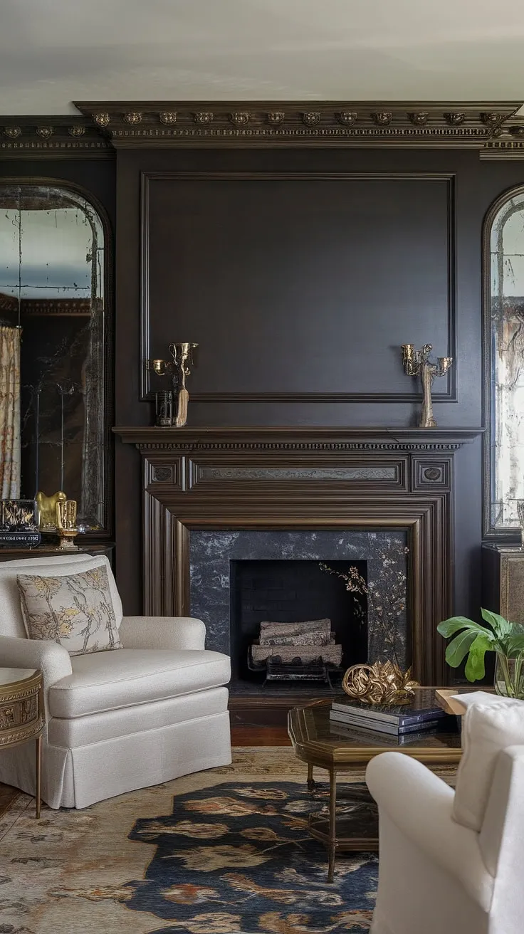 A stunning example of transitional design, this living room showcases a dark living room fireplace as a dramatic focal point.  The fireplace panelling ideas are both striking and refined, complemented by the millwork above the fireplace and a subtly placed fireplace mirror.  Brass accents throughout the room, against the light walls and furniture, enhance the overall elegance of this traditional living room.