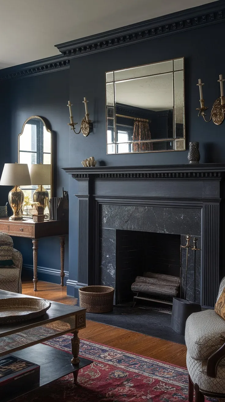 Bathed in the warm glow of a dark living room fireplace, this traditional living room exudes timeless elegance.  The elegant fireplace, framed by exquisite millwork above fireplace and a coordinating fireplace mirror, anchors the space, showcasing stunning fireplace panelling ideas. Brass accents throughout, from the lamp to the tray, add a touch of sophistication, while the contrasting fireplace wall in deep blue creates a dramatic backdrop. This is transitional fireplace ideas at its finest.