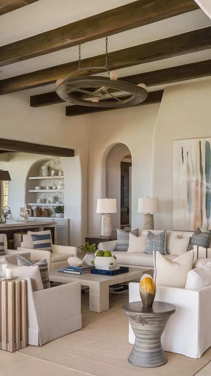 This organic modern living room, nestled within a Spanish style home in Santa Fe, offers a breathtaking blend of coastal contemporary elegance.  Designed as a family room off the kitchen, it flows effortlessly into the kitchen great room, providing a spacious and inspiring living area—the ultimate room design inspiration.