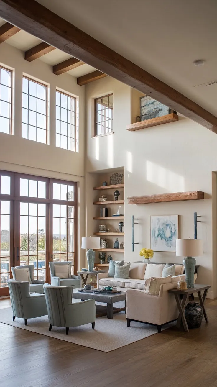 Where coastal contemporary meets Santa Fe style, this elegant living room offers a serene escape.  The high ceilings and large windows flood the space with natural light, creating the perfect organic modern living room, ideal as a family room off the kitchen or part of a larger kitchen great room.  This room design inspiration seamlessly blends Spanish style home elements with relaxed comfort.
