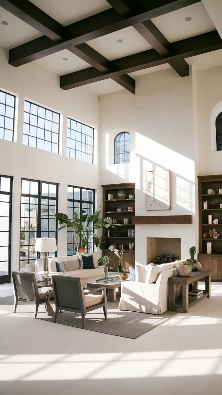 Sunlight streams into this elegant living room, a masterful blend of Spanish style home warmth, Santa Fe style simplicity, and coastal contemporary ease.  The high ceilings and dark wood accents create a sophisticated atmosphere, while the open floor plan seamlessly connects the family room off the kitchen and kitchen great room, offering endless room design inspiration for organic modern living.
