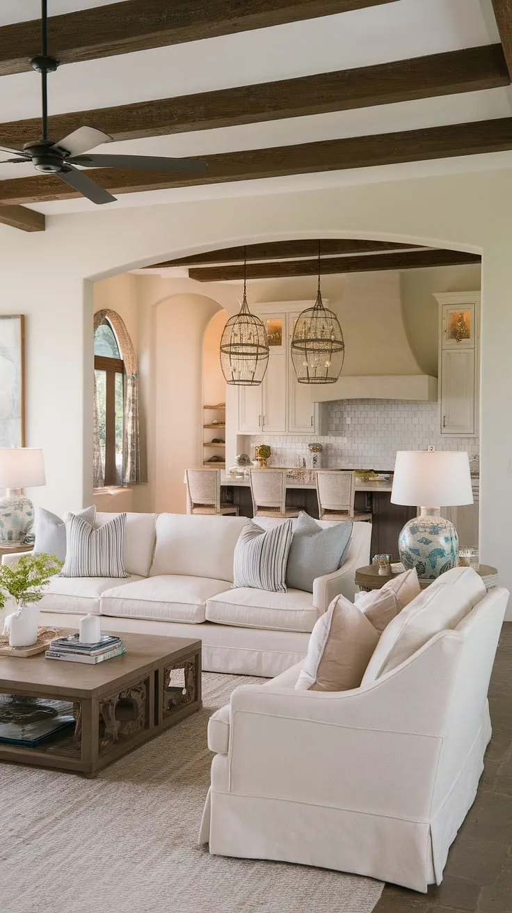 Inspired by a captivating photograph, this elegant living room seamlessly blends organic modern and coastal contemporary styles with hints of Spanish and Santa Fe influences.  The result? A spacious, light-filled family room off the kitchen, creating the perfect kitchen-great room for relaxed gatherings.