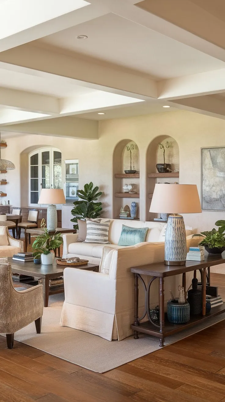 Where Spanish charm meets Santa Fe serenity, this elegant living room seamlessly blends coastal contemporary style with organic modern elements.  The family room flows effortlessly off the kitchen, creating a spacious kitchen-great room ideal for gatherings, offering endless room design inspiration.