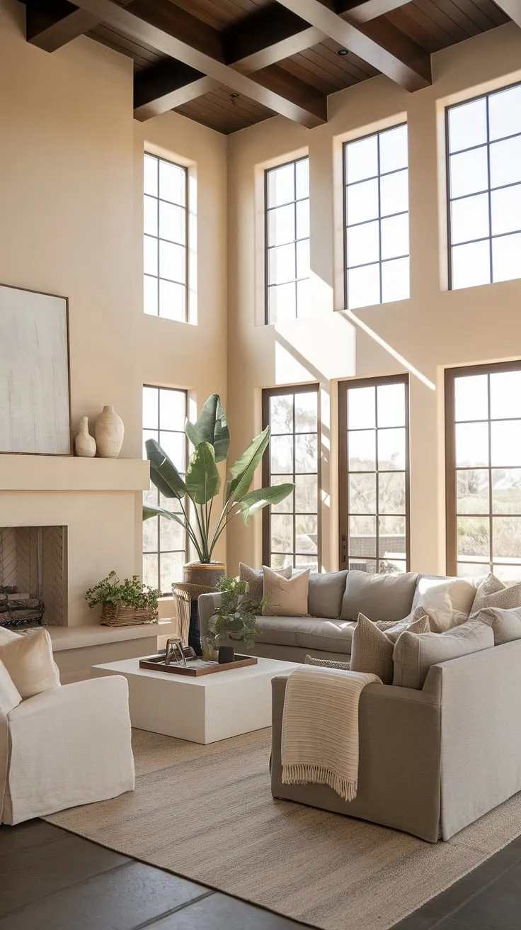 Where organic modern meets coastal contemporary. This elegant living room, part of a Spanish style home with Santa Fe influences, seamlessly blends comfort and style.  The family room off the kitchen, or rather, the kitchen great room, offers a spacious and inviting atmosphere, perfect for family gatherings.  Room design inspiration abounds in this light-filled space, showcasing the beauty of natural materials and clean lines.