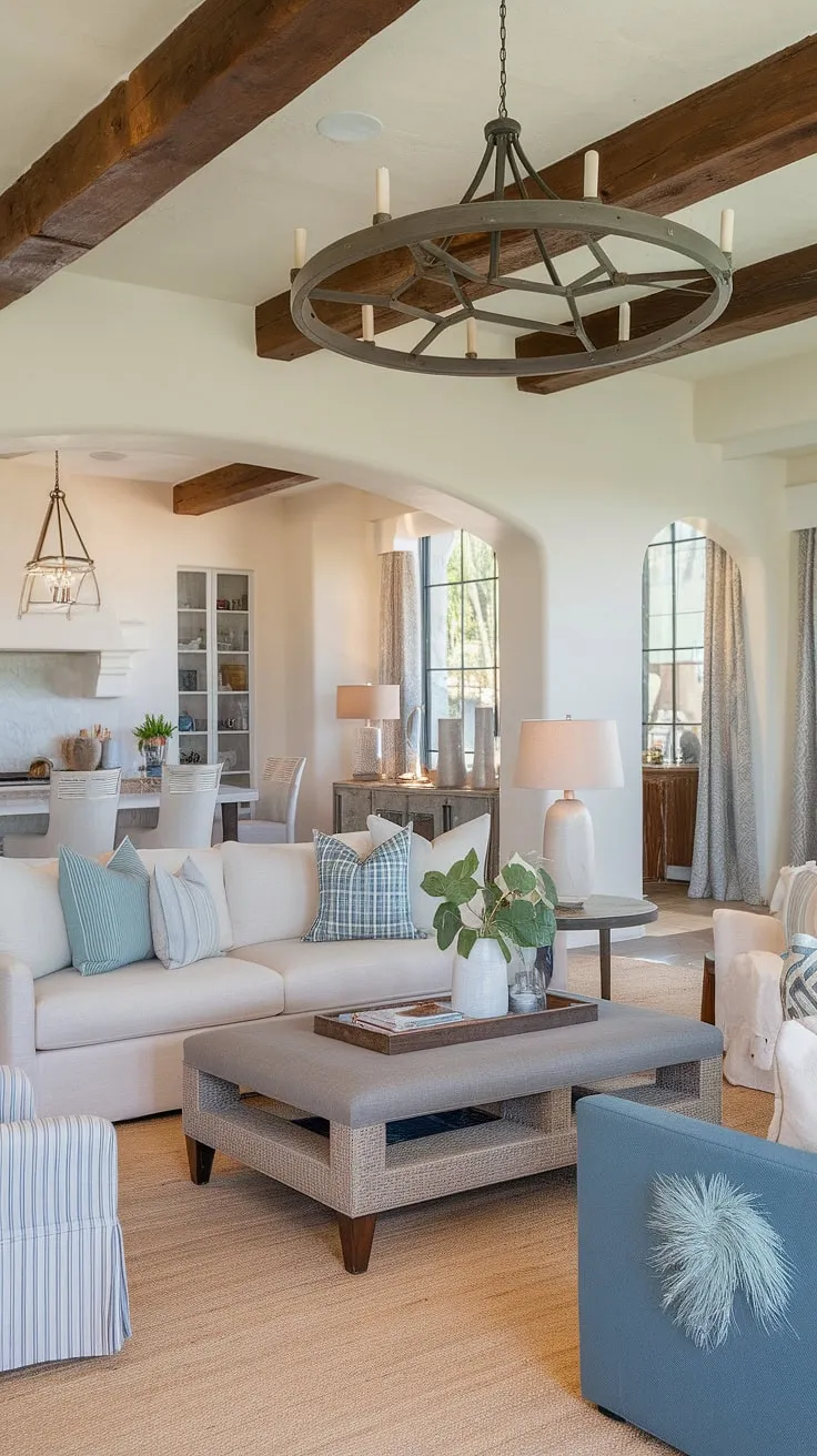 This room design inspiration effortlessly unites the elegance of a Spanish style home with the organic modern feel of a coastal contemporary space.  The Santa Fe style elements add a touch of warmth to this family room, seamlessly flowing from the adjacent kitchen great room, creating an inviting and sophisticated organic modern living room.