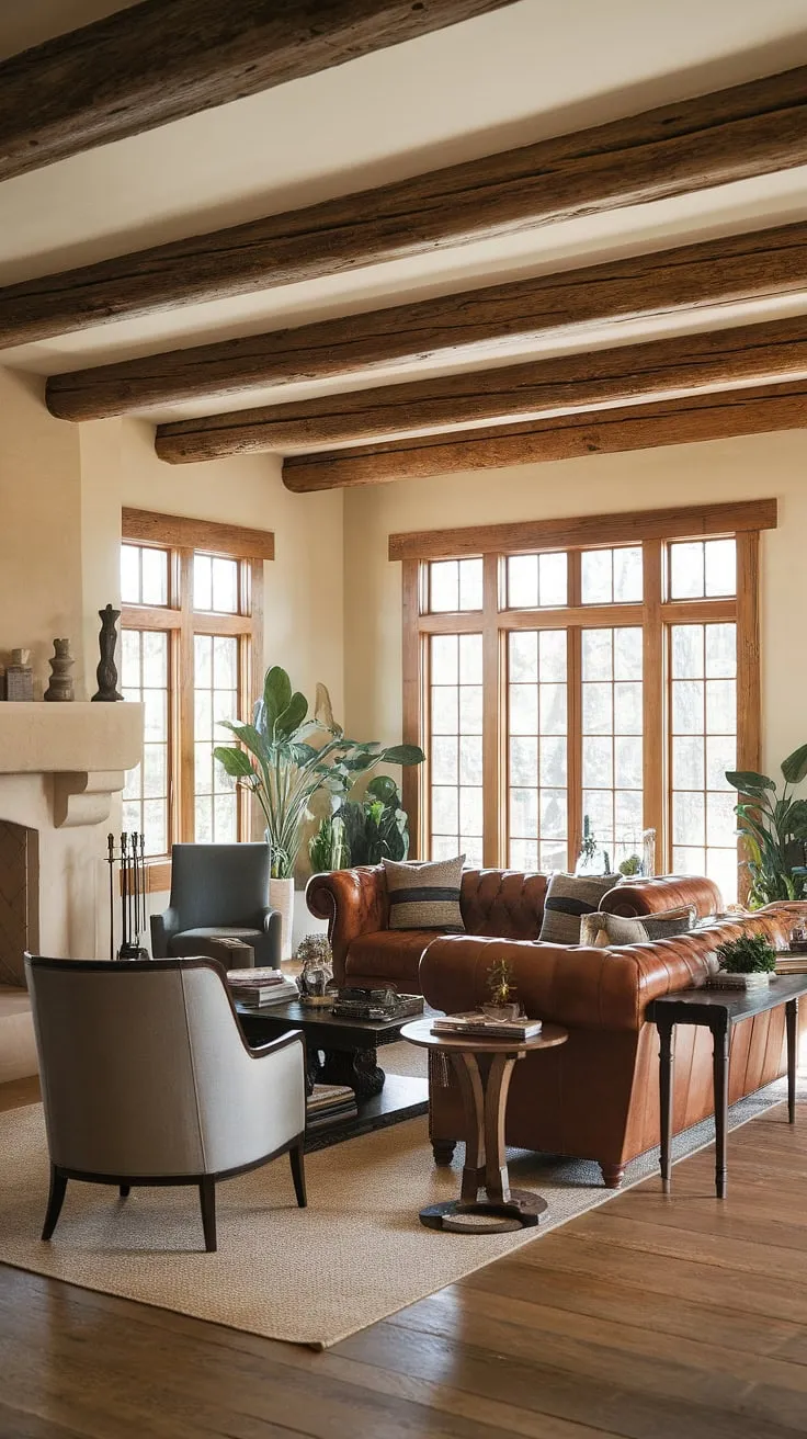 Sunlight streams into this elegant living room, a perfect blend of Santa Fe style and organic modern design.  The rustic wooden beams and stone fireplace create a warm, inviting atmosphere, while the comfortable leather sofa and modern accents offer a touch of coastal contemporary flair. This family room, open to the kitchen great room, provides ample space for relaxation and entertaining, offering plenty of room design inspiration for your own Spanish style home.