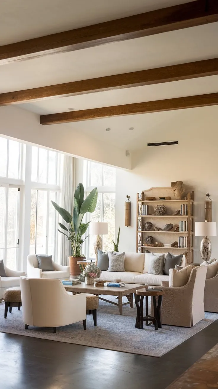 Sunlight streams into this stunning organic modern living room, a perfect blend of coastal contemporary and Santa Fe style.  The room design inspiration is evident in every detail, from the elegant living room furniture to the carefully chosen plants.  This spacious family room off the kitchen, with its high ceilings and exposed beams, embodies the relaxed sophistication of a Spanish style home.