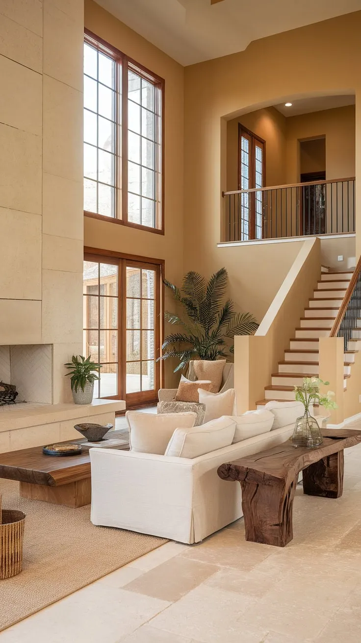 This elegant living room, a perfect blend of coastal contemporary and Santa Fe style, showcases the heart of this Spanish style home.  The organic modern design, complete with a built-in fireplace bench and expansive windows, creates a warm and inviting family room off the kitchen, offering endless room design inspiration.