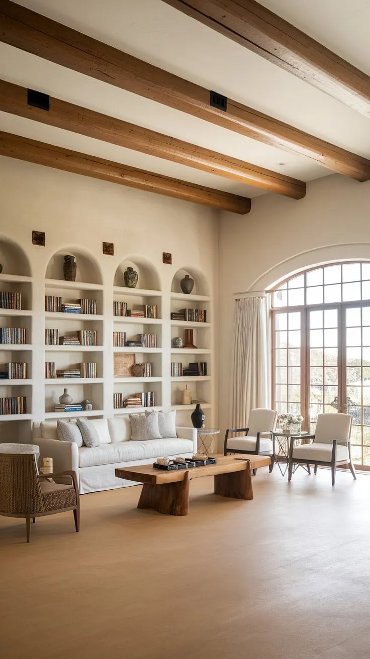 This organic modern living room seamlessly blends coastal contemporary and Santa Fe style elements.  The airy space, featuring a white sofa and light wood accents, is both elegant and inviting.  Imagine relaxing in this Spanish style home's family room off the kitchen, or expanding your kitchen great room with a similar design. This room design inspiration is perfect for those seeking a sophisticated yet comfortable atmosphere.
