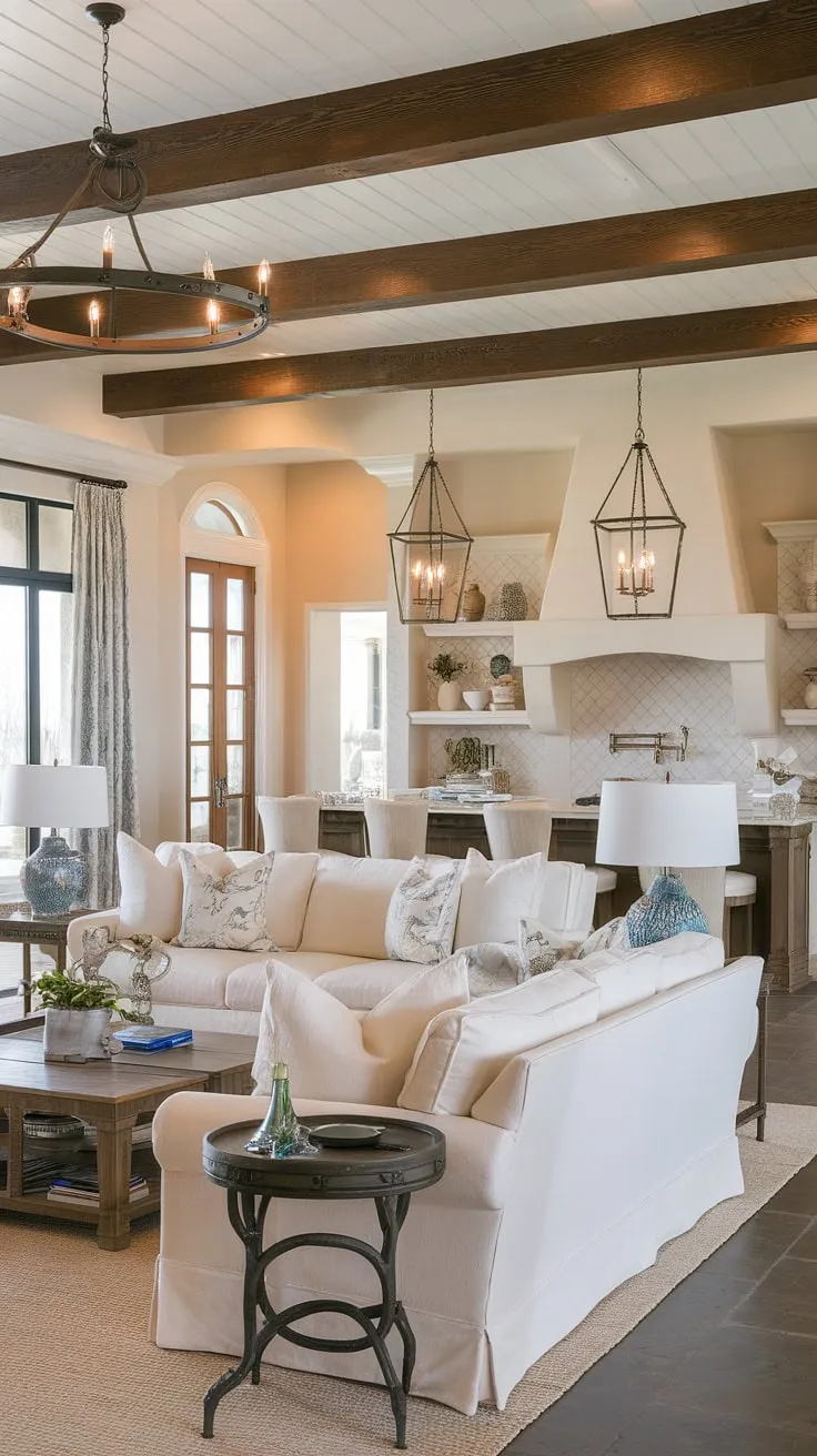 This elegant living room seamlessly blends coastal contemporary style with the warmth of a Spanish style home and the earthy textures of Santa Fe.  The family room, flowing effortlessly from the kitchen great room, offers a sophisticated yet relaxed atmosphere—true organic modern living room design inspiration.