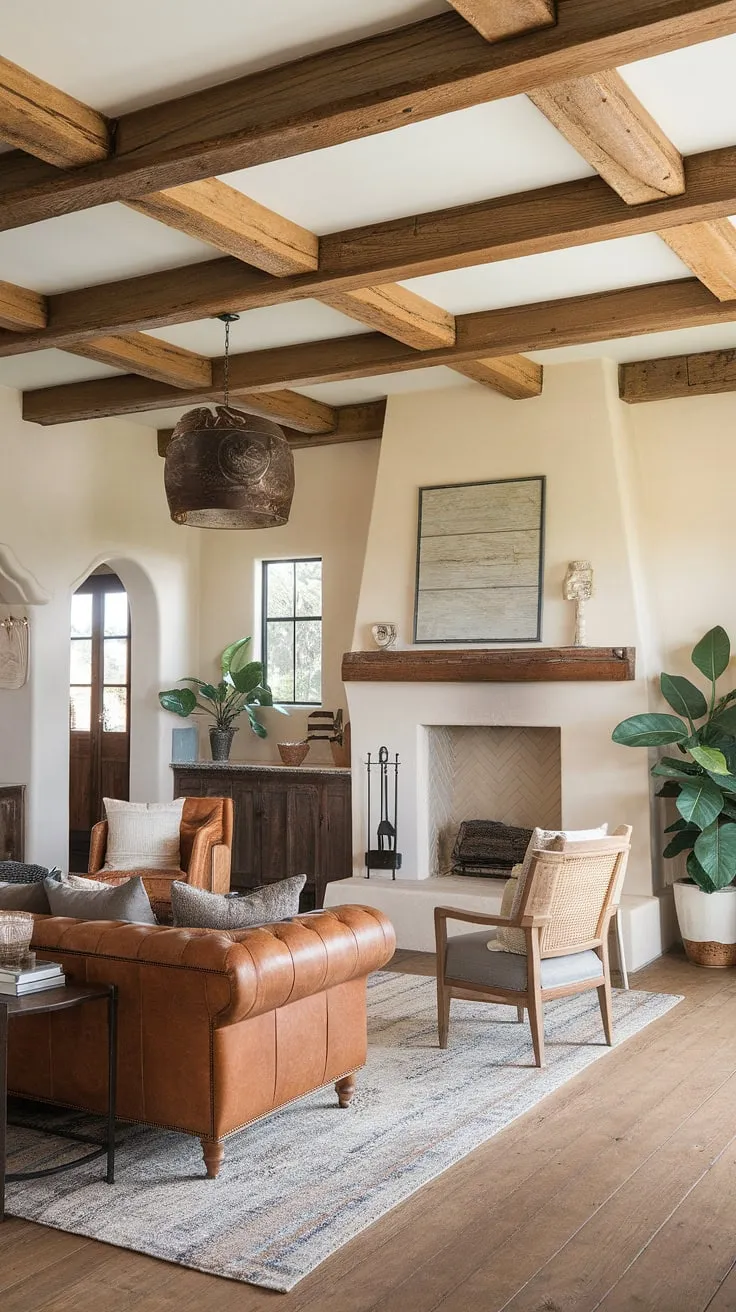 Where Spanish style meets Santa Fe charm, this elegant living room seamlessly blends coastal contemporary design with organic modern elements.  The family room flows effortlessly from the kitchen great room, creating a warm and inviting space perfect for family gatherings. This rustic yet refined interior, complete with a cozy fireplace and leather sofa, offers abundant room design inspiration.