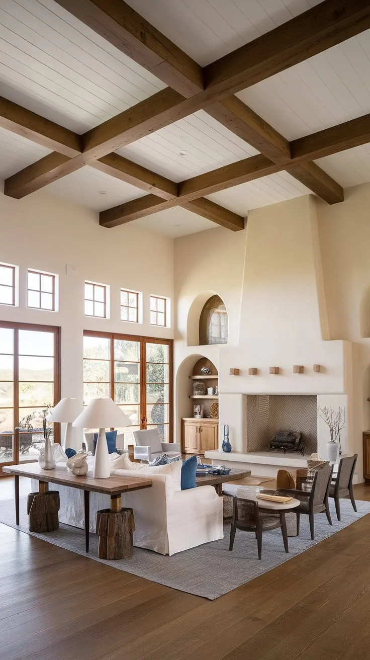 This organic modern living room, a stunning blend of coastal contemporary and Santa Fe style, is the heart of this Spanish style home.  The family room off kitchen boasts high ceilings, exposed wooden beams, and a breathtaking view, making it the ideal space for relaxation and connection.  Find your next room design inspiration here.