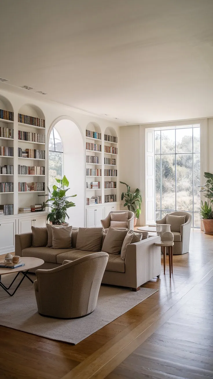 This organic modern living room, reminiscent of a Spanish style home or Santa Fe style retreat, effortlessly combines coastal contemporary elements with a family room off kitchen feel.  The spacious layout, elegant design, and abundant natural light make it the ultimate room design inspiration, perfect for relaxing evenings or lively gatherings.
