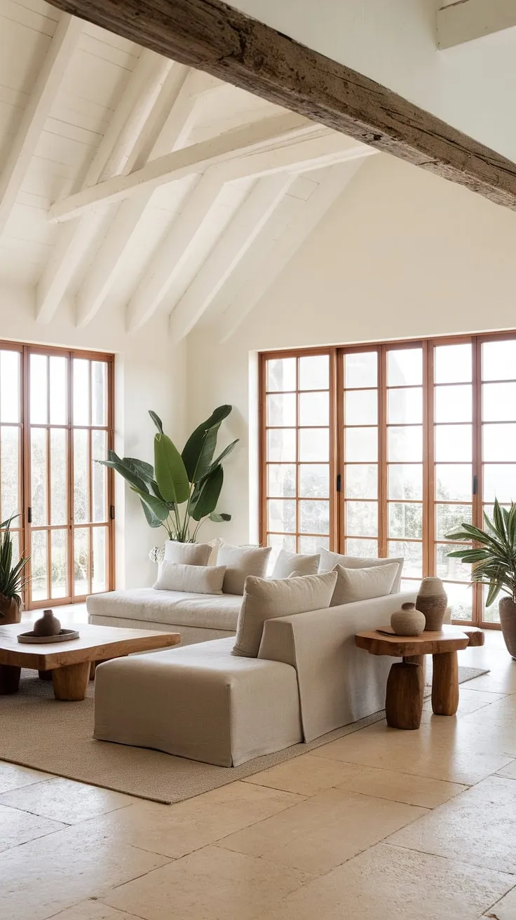 This organic modern living room, part of a stunning coastal contemporary Spanish style home, embodies effortless elegance.  The high ceilings, large windows, and rustic wooden beams create a warm and inviting atmosphere, perfect for family gatherings.  Find your next room design inspiration in this beautiful Santa Fe style space, where the kitchen great room and family room connect seamlessly.