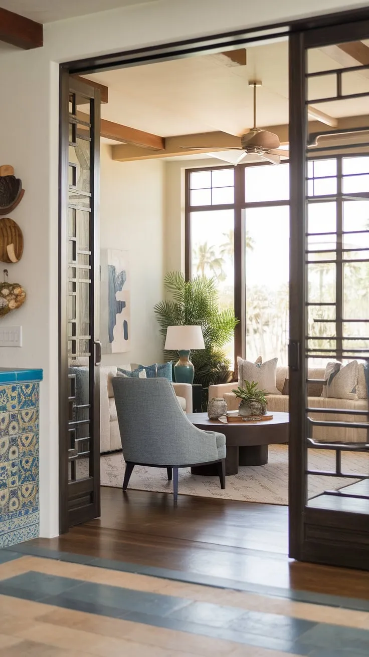 Sunlight streams into this elegant living room, a perfect blend of coastal contemporary and Santa Fe style within a Spanish-style home.  The organic modern design, with its thoughtfully chosen furniture and decorative tiles, creates a welcoming family room off the kitchen—a true kitchen great room experience offering endless room design inspiration.