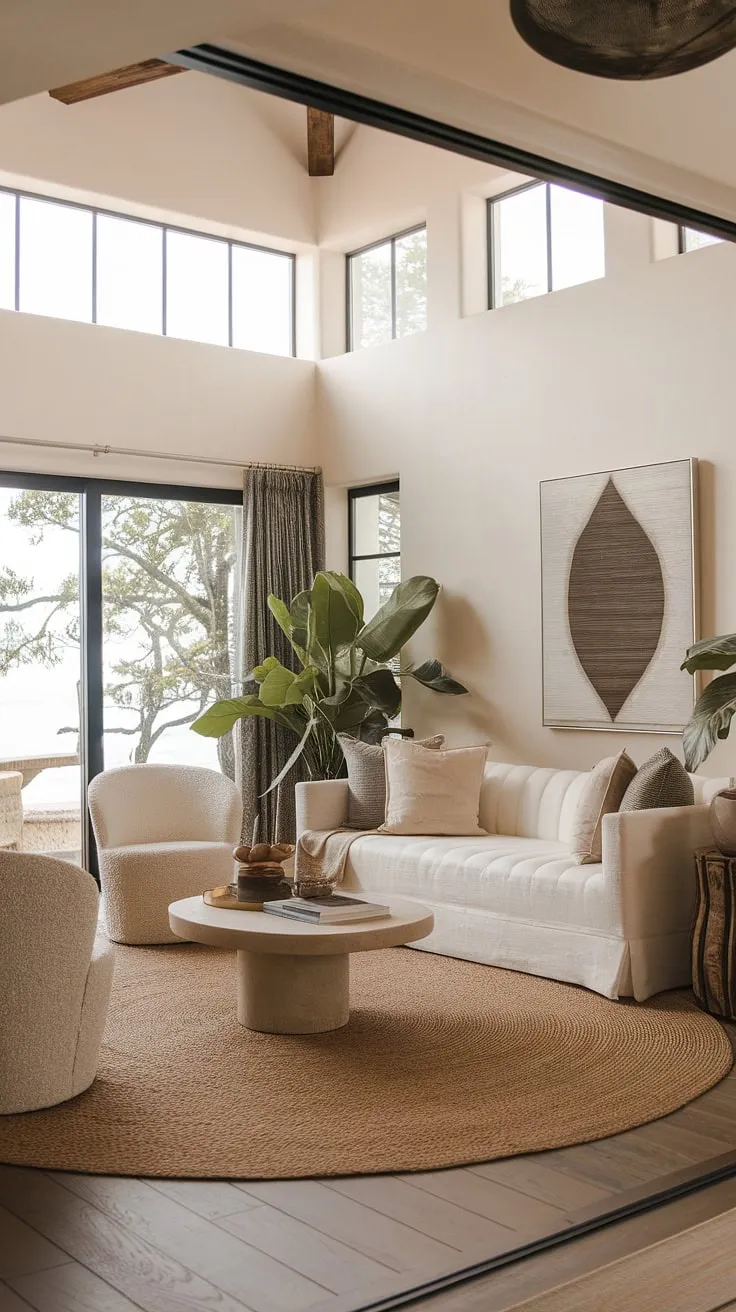 Sunlight streams into this elegant living room, a perfect blend of organic modern and coastal contemporary styles within a Spanish-style home.  The Santa Fe influences are subtly woven throughout, creating a relaxed yet sophisticated family room off the kitchen—a true kitchen great room ideal for gathering. This room design inspiration showcases effortless chic.