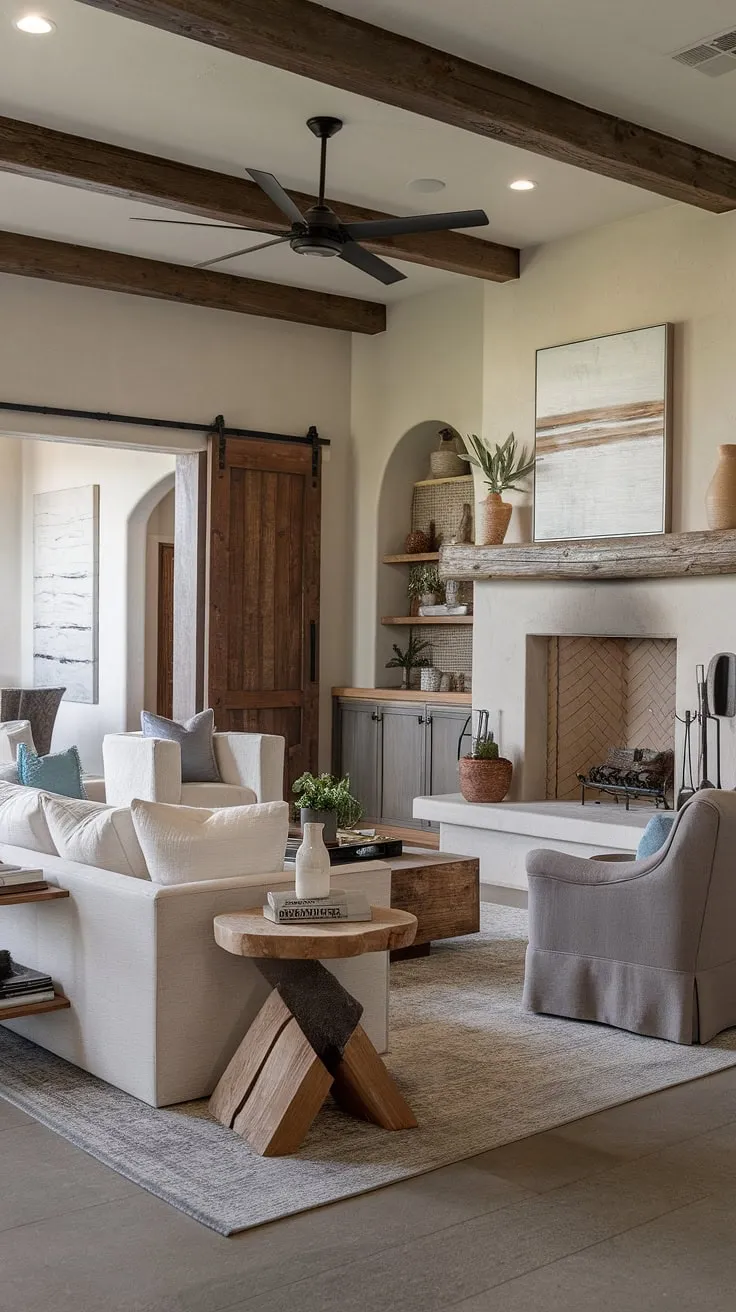 Where organic modern meets coastal contemporary, this elegant living room seamlessly blends Spanish style home warmth with Santa Fe style serenity.  The rustic fireplace, a focal point in this family room off the kitchen, anchors the space, while the plush seating invites relaxation.  This kitchen great room design offers ample room design inspiration for creating a tranquil yet stylish haven.