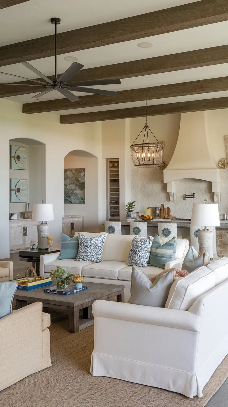 Where Spanish charm meets Santa Fe serenity, this elegant living room embodies coastal contemporary style.  The seamless flow from kitchen to great room, with a family room tucked just off the kitchen, creates an organic modern living room design inspiration that's both inviting and sophisticated.
