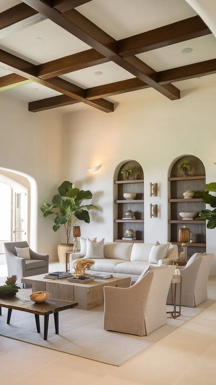 This organic modern living room seamlessly blends the elegance of a Spanish style home with the relaxed vibe of coastal contemporary design.  The Santa Fe influences are subtly woven throughout, creating a warm and inviting space perfect for a family.  Consider this your next room design inspiration for a kitchen great room or family room off the kitchen.