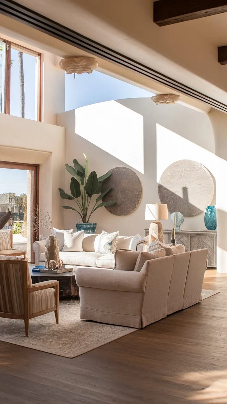 This organic modern living room seamlessly marries coastal contemporary style with the warmth of a Spanish style home and the artistic flair of Santa Fe.  High ceilings and abundant natural light create an elegant living room perfect for relaxation and entertaining, making it ideal room design inspiration for a family room off kitchen or a spacious kitchen great room.