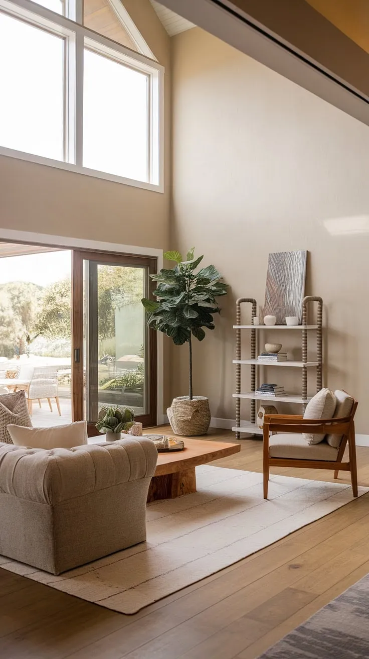 Sunlight streams into this stunning organic modern living room, a blend of coastal contemporary and Santa Fe style.  The spacious design, perfect as a family room off kitchen or part of a larger kitchen great room, showcases the beauty of natural materials and creates an elegant living room ideal for both relaxation and entertaining.  Find your own room design inspiration in this Spanish style home aesthetic.