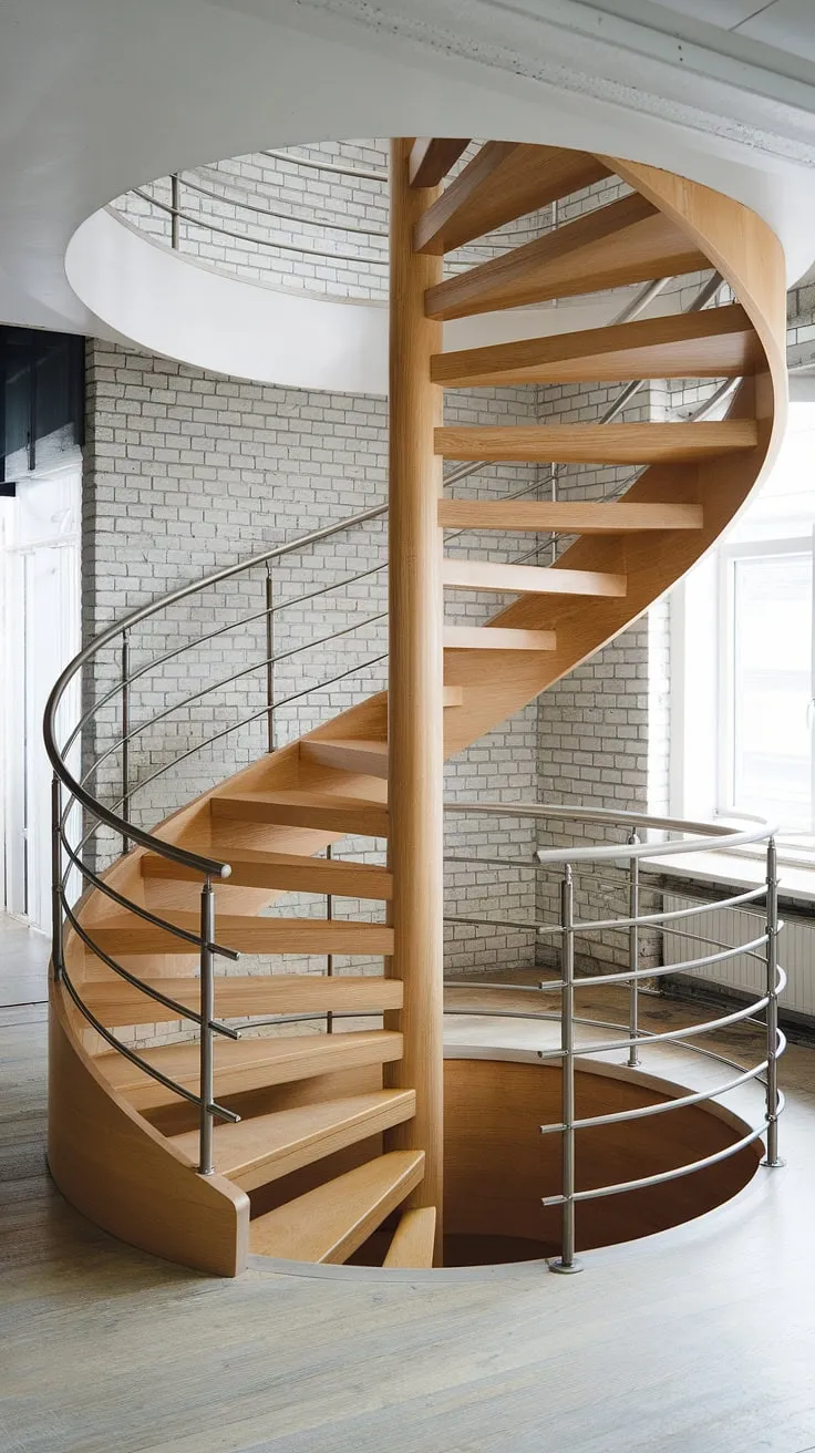 This modern circular staircase, a stunning example of minimalist staircase design, maximizes space in this Scandinavian-style interior. The two-toned oak and stainless steel create a striking elevation staircase, showcasing creative stair railings and offering inspiring interior stairs ideas for small space stair design.