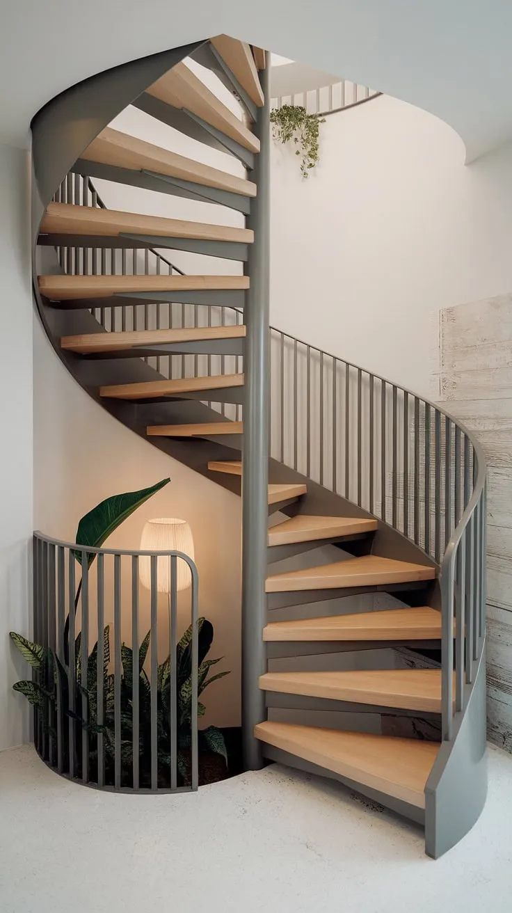 A modern circular staircase, this spiral staircase design offers a stunning blend of functionality and style. The wide interior stairs and minimalist staircase design, combined with the two-toned staircase and Scandinavian staircase design elements, make it a dream interior stairs ideas for any small space.