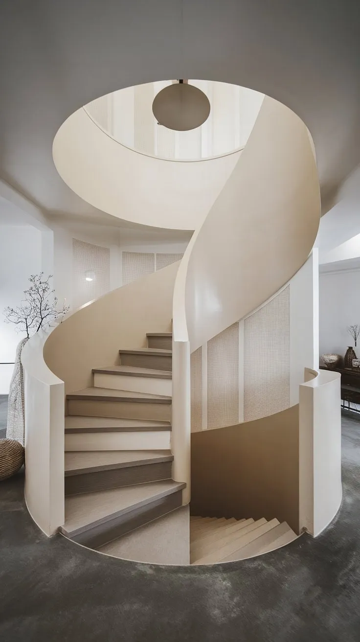 This elevation staircase, a masterpiece of modern staircase design, maximizes space with its wide interior and minimalist Scandinavian aesthetic. The two-toned finish and creative stair railings add a touch of artistry to this small space stair design.