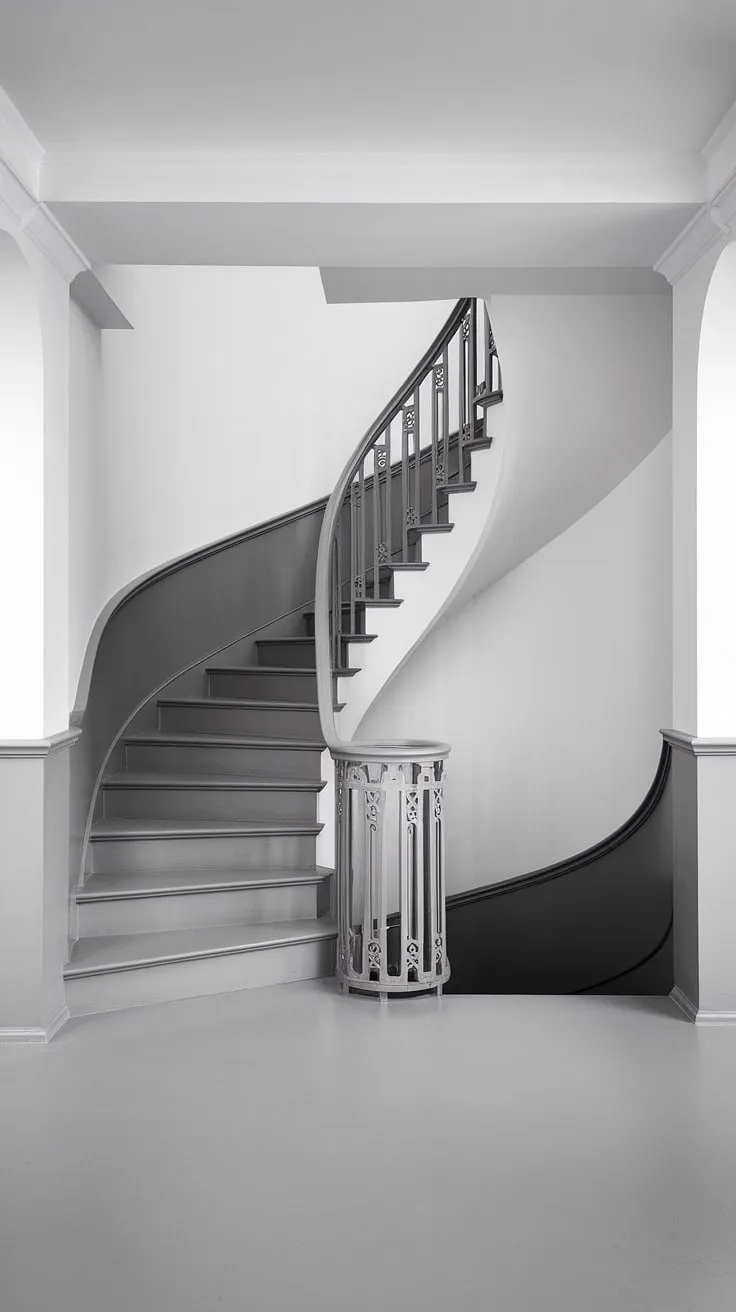 Modern staircase design at its finest: a two-toned, spiral staircase design offering a stunning elevation staircase solution for small space stair design. The creative stair railings and minimalist staircase design perfectly complement the wide interior stairs, embodying Scandinavian staircase design.