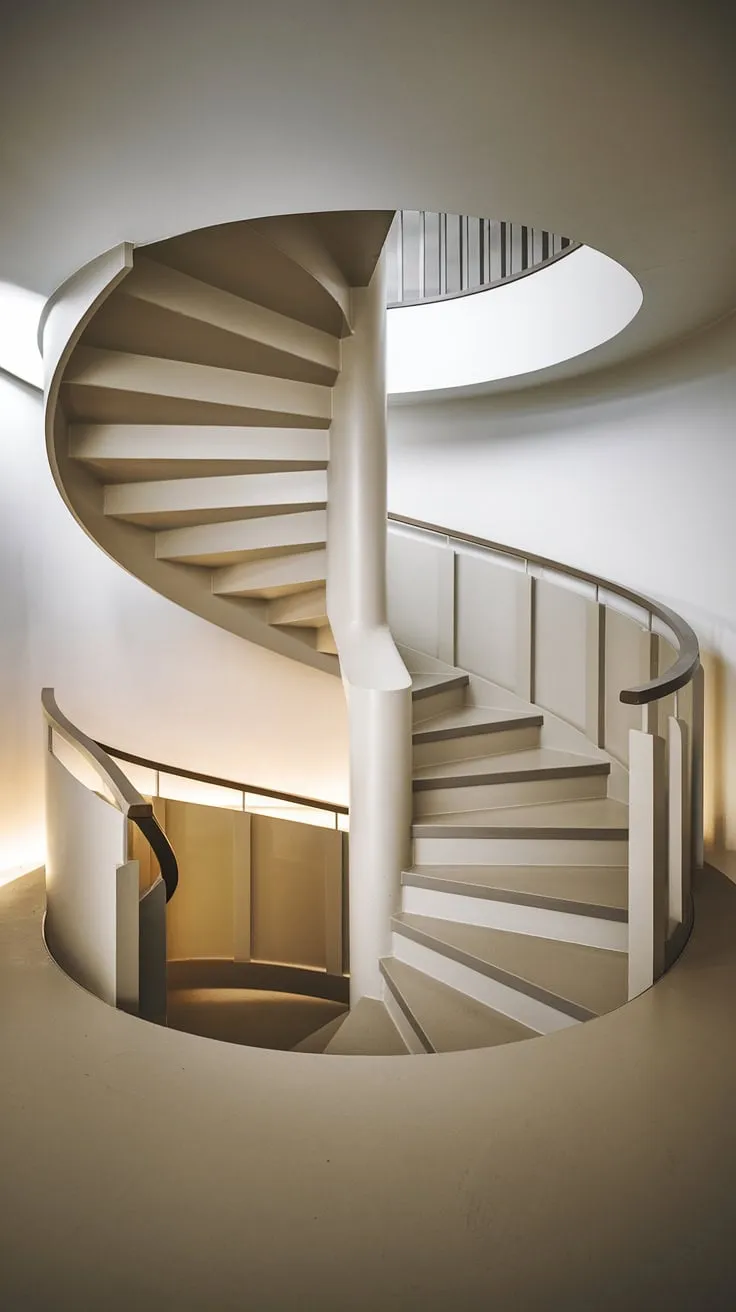 A small space transformed! This spiral staircase design showcases the best of modern staircase design. The two-toned finish and creative stair railings embody Scandinavian staircase design, while the wide interior stairs allow for a graceful ascent. This minimalist staircase design, with its clever use of elevation and light, offers a wealth of interior stairs ideas for those seeking a modern circular staircase solution.
