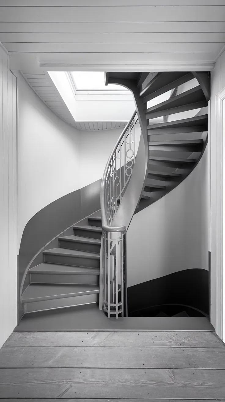 Bathed in natural light from a skylight above, this modern circular staircase showcases a minimalist staircase design perfect for small space stair design. The two-toned staircase, with dark grey lower steps and railing contrasting against light grey upper steps and walls, creates a striking visual. Its wide interior stairs offer a comfortable ascent, while the creative stair railings and spiral staircase design add a touch of Scandinavian staircase design elegance. This elevation staircase is a prime example of modern staircase design and offers inspiring interior stairs ideas.