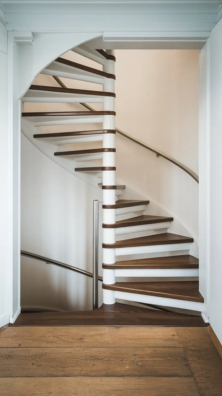 This modern circular staircase, a stunning example of minimalist staircase design, maximizes space with its wide interior stairs and creative stair railings. The two-toned staircase and Scandinavian staircase design create a sophisticated focal point, perfect for small space stair design.
