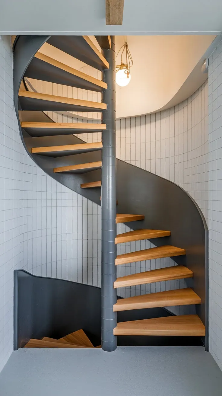 A creative stair railing design complements the striking two-toned staircase in this small space. The modern staircase design, a spiral staircase design with wide interior stairs, is a perfect illustration of a minimalist staircase design. The elevation staircase, with its dark grey and light grey tones, seamlessly integrates into the Scandinavian staircase design of this minimalist space. This modern circular staircase offers a unique and space-saving solution for interior stairs ideas.