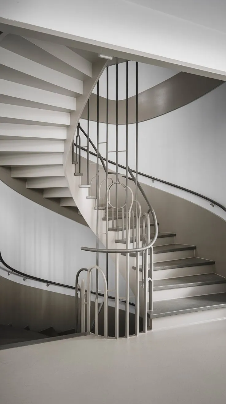 A modern staircase design marvel: this spiral staircase design cleverly utilizes a small space within a wide interior.  The two-toned finish and creative stair railings exemplify Scandinavian staircase design, offering inspiring interior stairs ideas and a dramatic elevation staircase.