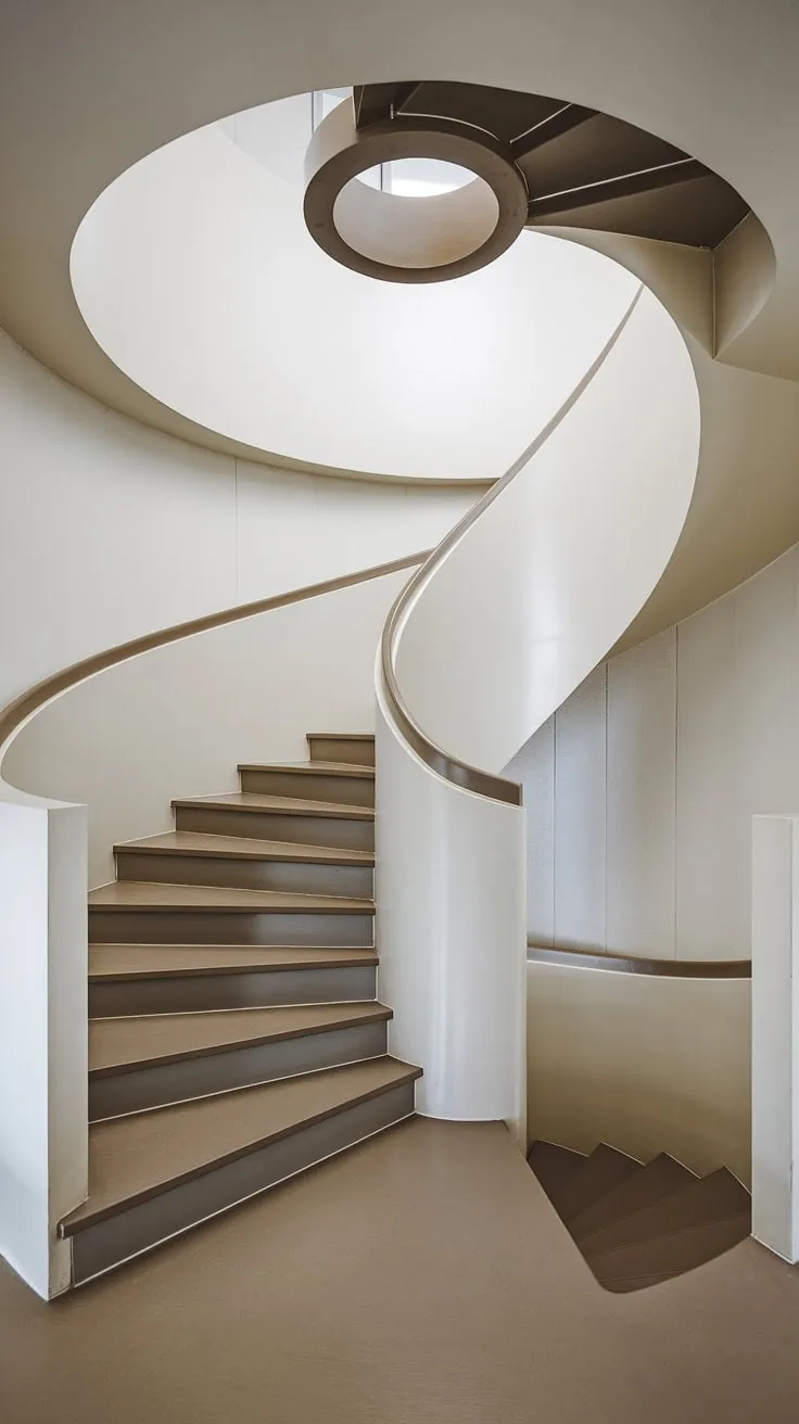 A modern circular staircase, showcasing a sophisticated two-toned staircase design, gracefully ascends within this small space.  The wide interior stairs and creative stair railings exemplify minimalist staircase design and Scandinavian staircase design principles.  This spiral staircase design is a testament to smart elevation staircase solutions and provides ample interior stairs ideas for those seeking a stylish and space-saving option.