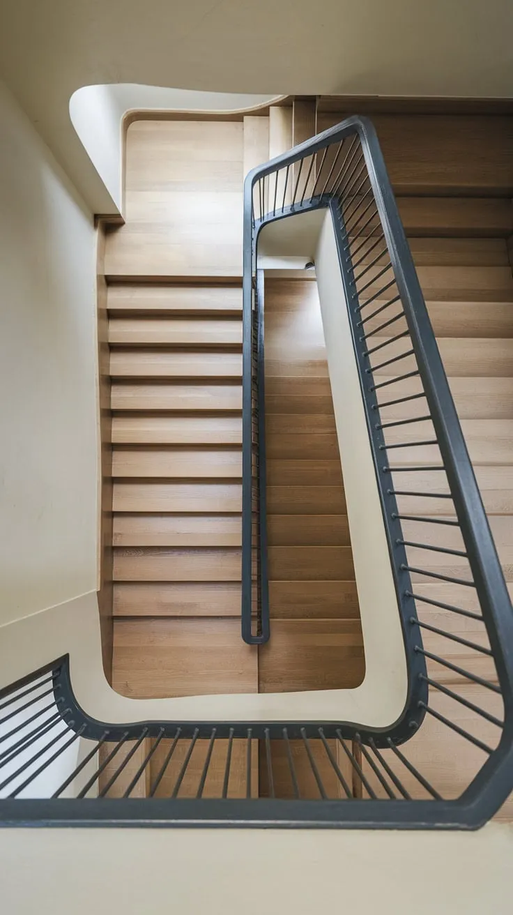 This modern circular staircase, a stunning example of minimalist staircase design, maximizes space with its clever spiral staircase design. The wide interior stairs, featuring a two-toned staircase of light wood and dark metal creative stair railings, offer a striking elevation staircase within a small space stair design, perfectly embodying Scandinavian staircase design.